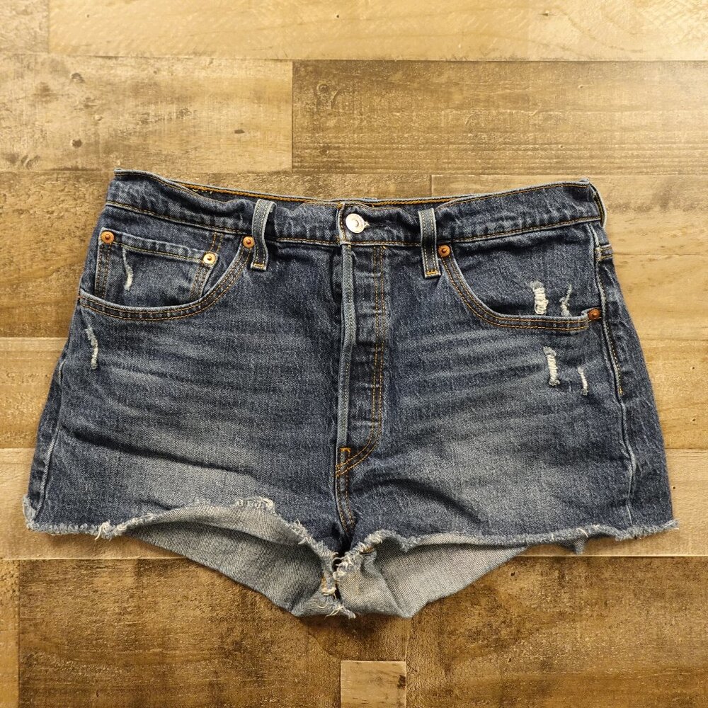 Levi’s 501 Cutoff Denim Shorts Women’s W32 Blue Distressed High-Rise Button Fly